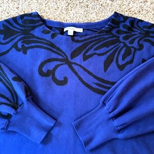 Chico's Blue Black Scroll Print Knit Top Size 2 Large Long Sleeve Pullover Soft